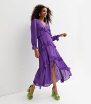 New Look Purple Chiffon Tiered Ruffle Long Sleeve Midi Dress
